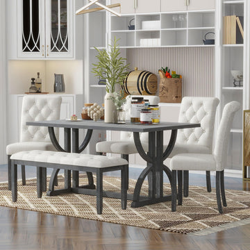 Farmhouse 6-Piece Wood Dining Table Set, 60'' Modern Rectangular Kitchen Table Set with 4 Upholstered Chairs & 1