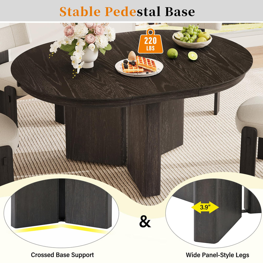 Extendable Dining Table, 42"-58" Length Farmhouse Oval Wood Table with Pedestal Base and Adjustable Foot Pads, Seats