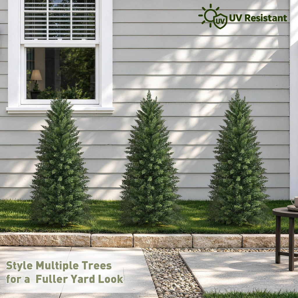 4ft Artificial Cedar Topiary Tree, Set of 1 Realistic Faux Evergreen Shrub Plant in Planter, Indoor Outdoor Fake