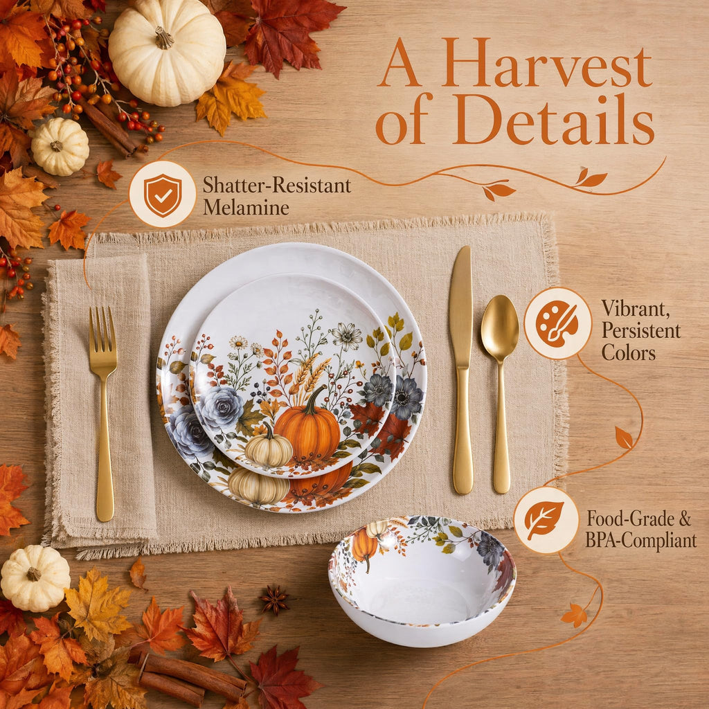 12pcs Melamine Dinnerware Set - Fall Pumpkin Plates and Bowls for RV