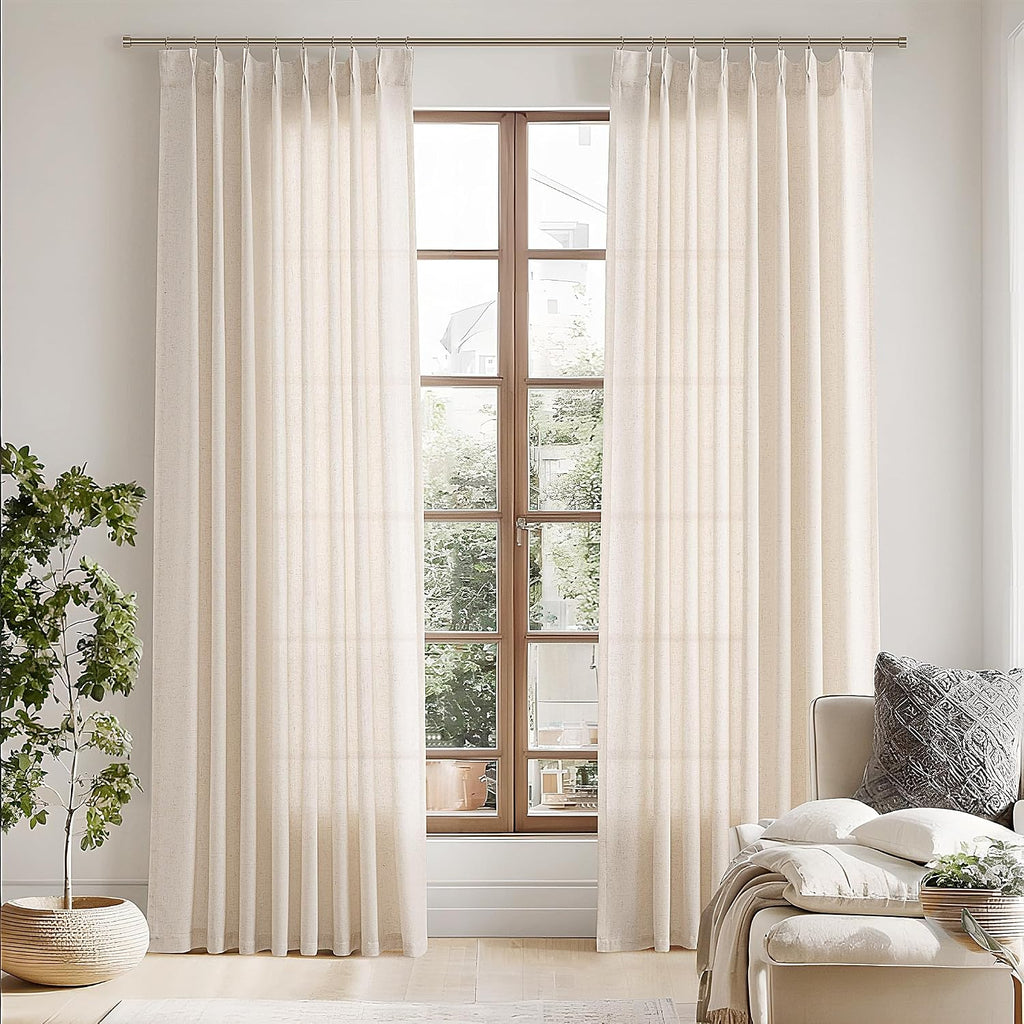 96 Inch Pinch Pleated Linen Curtains 2 Panel Set Light Filtering Privacy Window Curtains for Living Room Bedroom