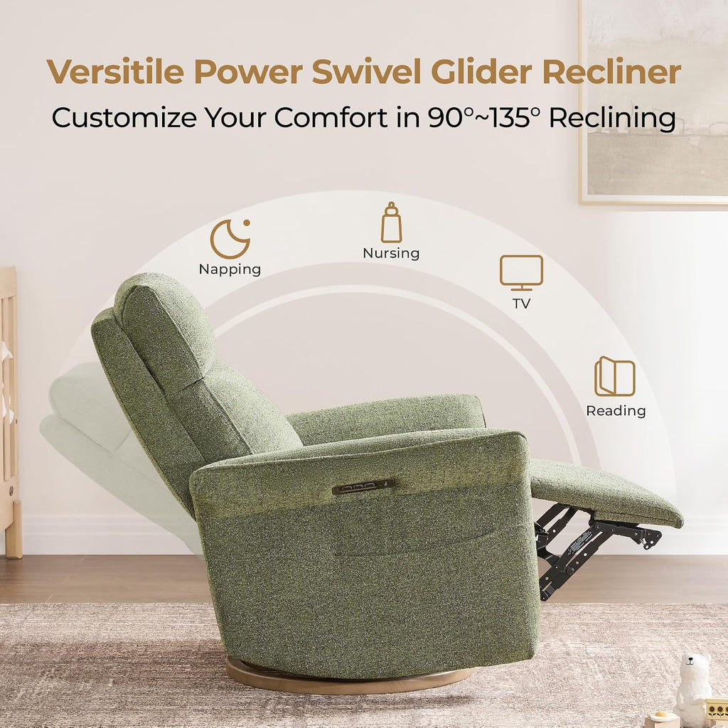 Power Swivel Glider Nursery Recliner Chair, Triple Motor, Green | Electric Nursery Rocking Chair with Adjustable