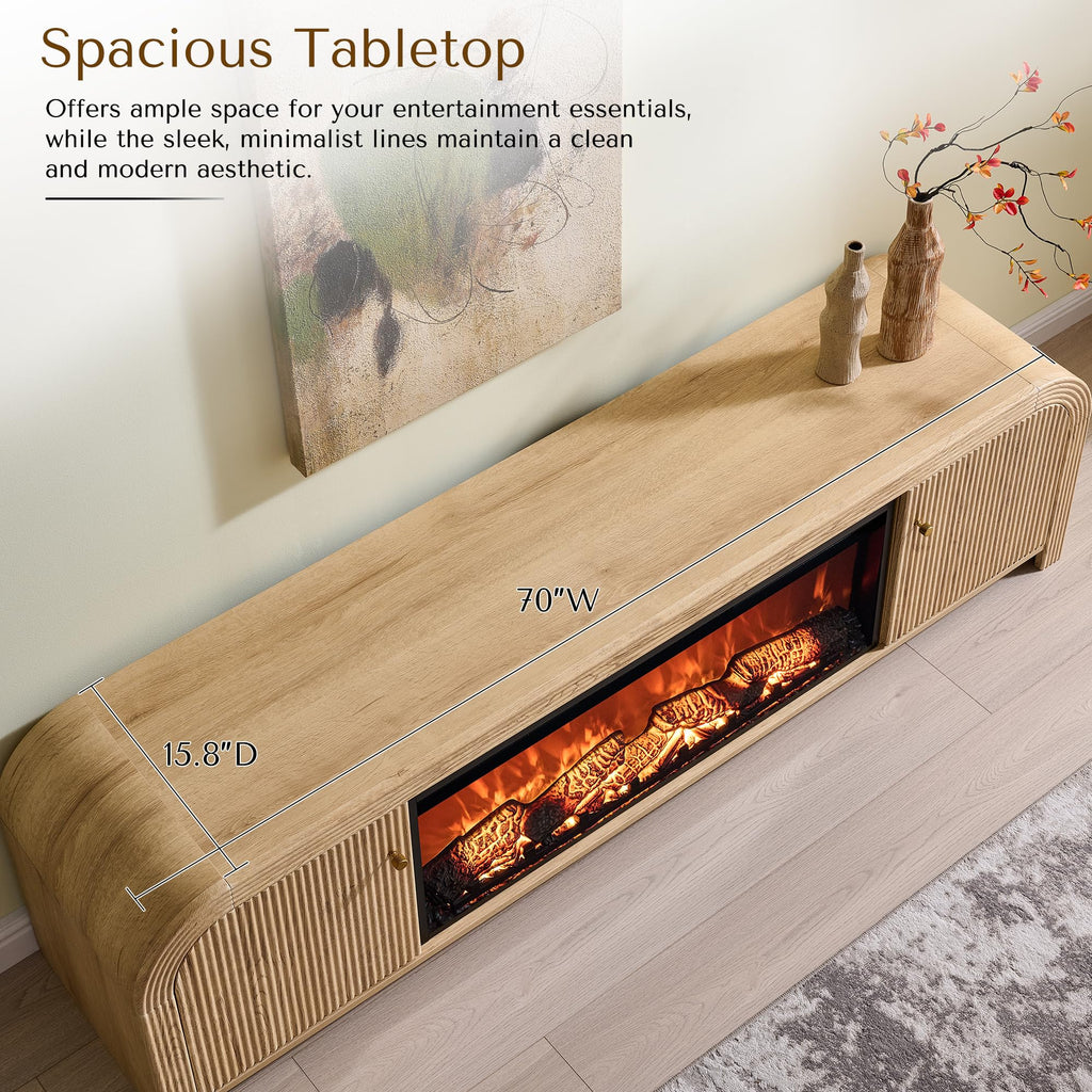 70" Fluted Fireplace TV Stand with Rounded Corner, Natural Oak