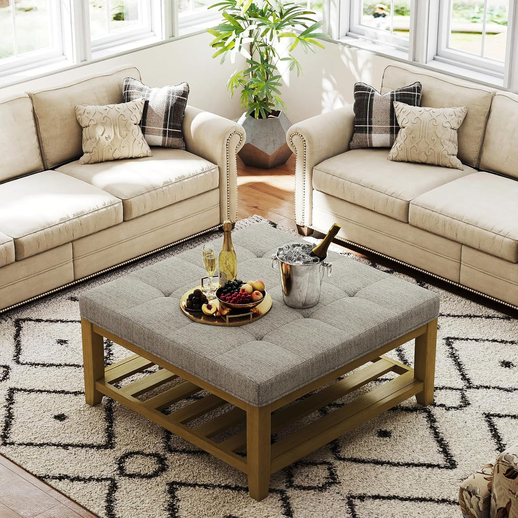 Large Square Ottoman Coffee Table, Linen Solid Upholstered Footrest Ottoman with Solid Wood Shelf Storage Tufted