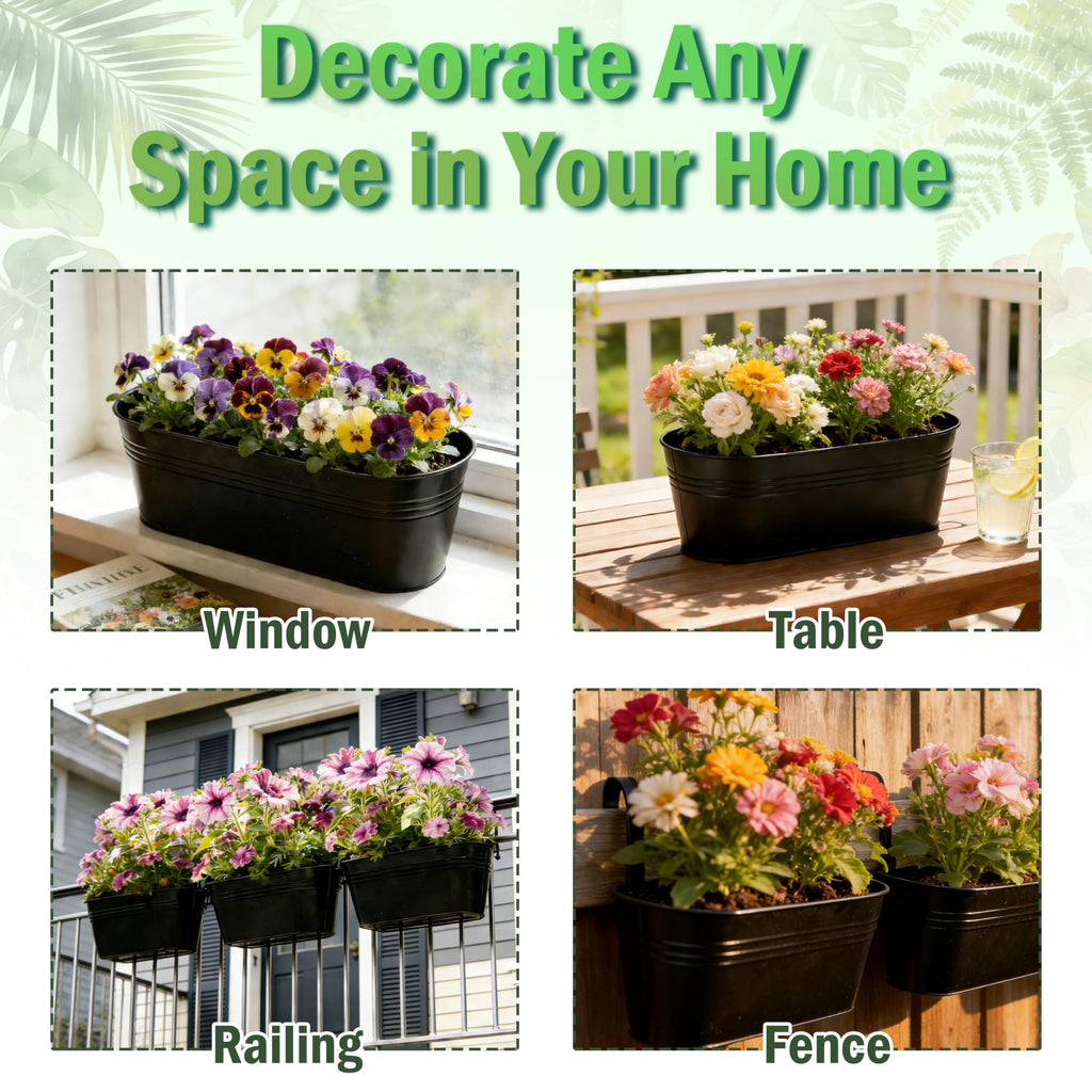 Metal Railing Planter Boxes 16 Inch, 3-Pack Adjustable Hanging Flower Pots for Balcony, Deck, Porch & Fence