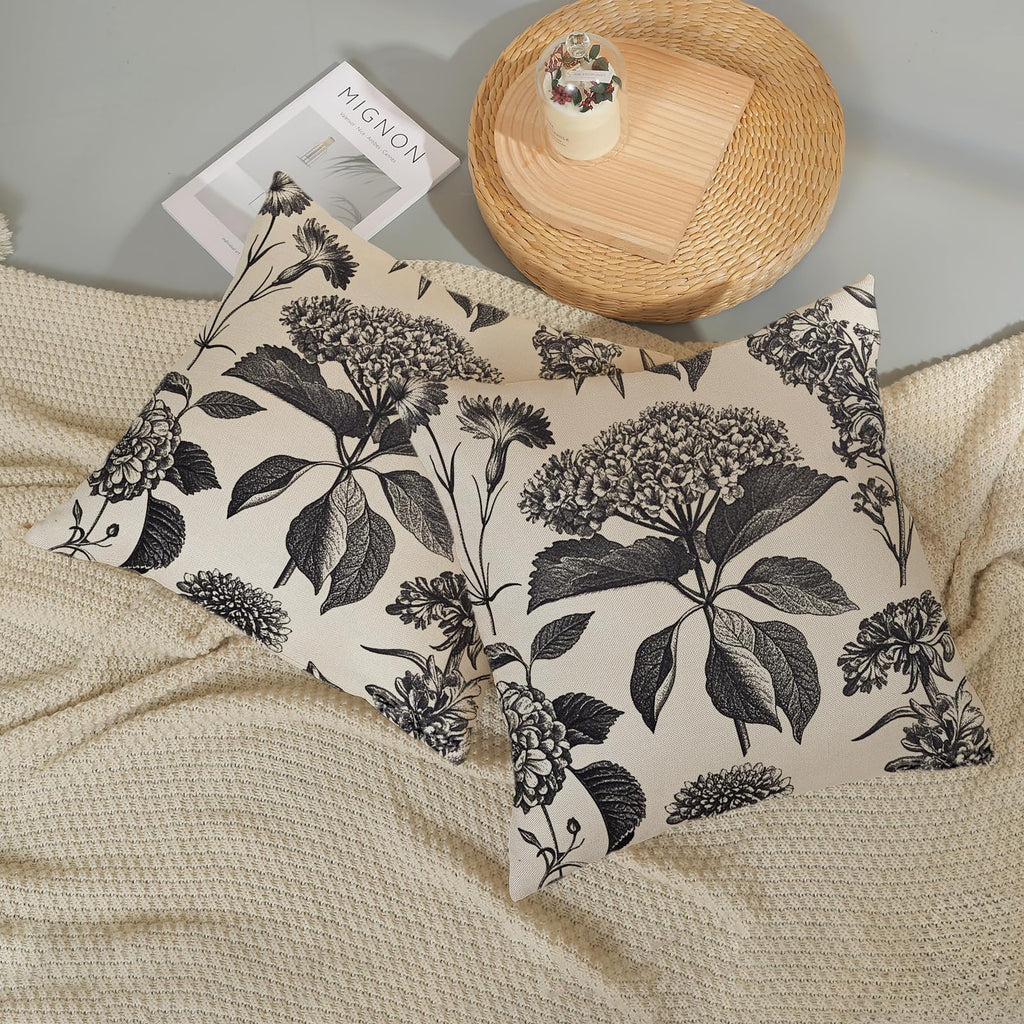 Black Pillow Covers 20x20 Set of 2 Boho Herbs Botanical Floral Hydrangea Throw Pillows Vintage Flower Outdoor