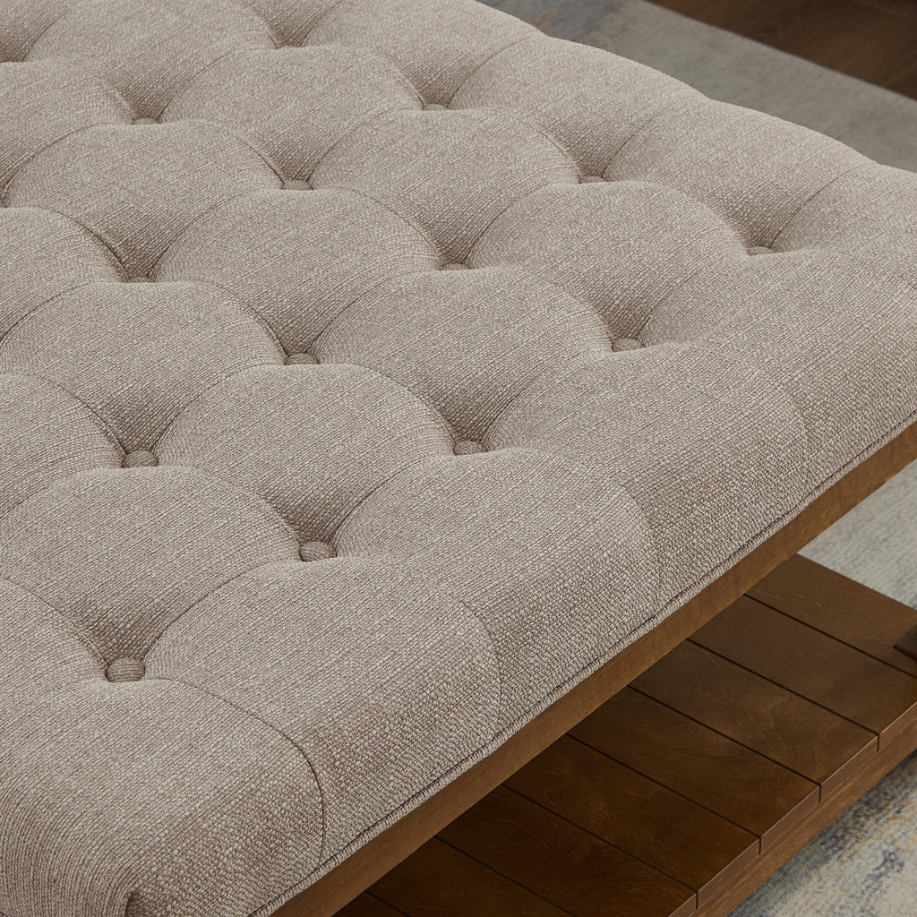 Large Square Upholstered Tufted Linen Ottoman Coffee Table with Solid Wood Frame and Open Storage Shelf, Nailhead