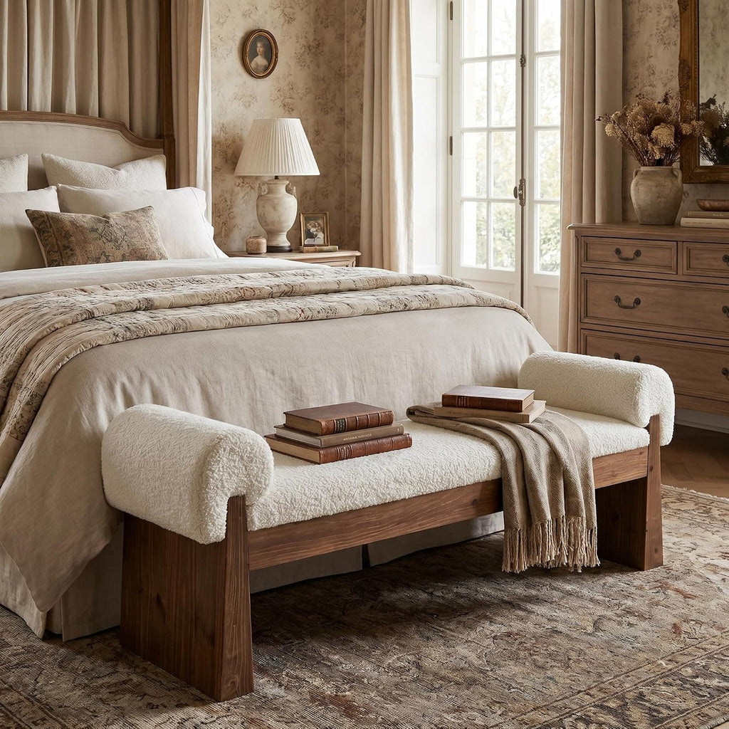 Solid Wood Cushioned Bench, Upholstered Entryway Bench | Bedroom Ottoman Bench for Bed End, Padded Bench, Farmhouse