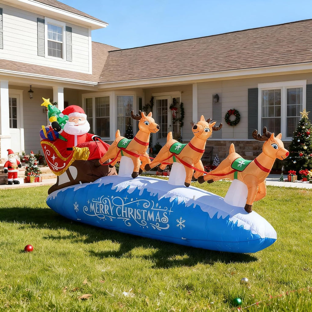 10 FT Santa Sleigh with Reindeer Christmas Inflatables Outdoor Decorations, Christmas Blow Up Yard Decorations for