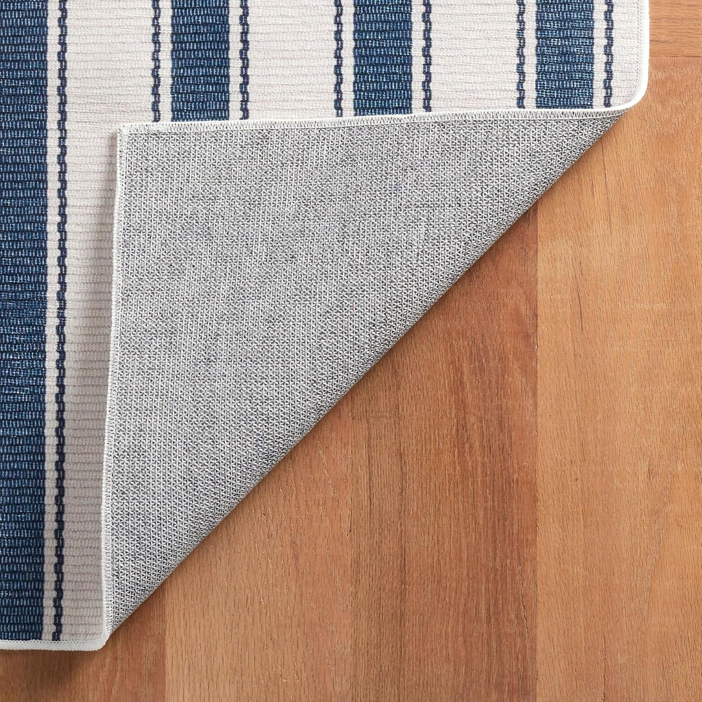Blue Awning Blue Striped Washable Runner Rug, 2'6"x8'