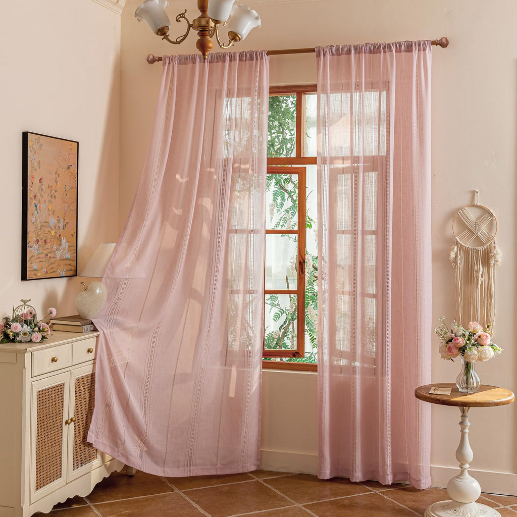 Pink Curtains Semi Sheer Boho Curtain Light Filtering Short Window Treatment Privacy Protect Hollowed-Out Drapes