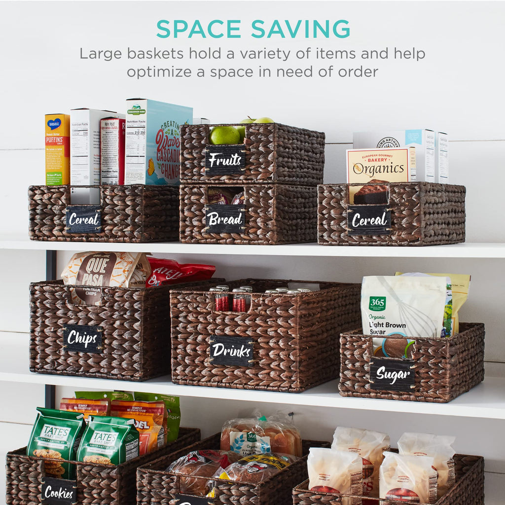 Set of 4 9x12in Water Hyacinth Pantry Baskets, Woven Organizers w/Chalkboard Label, Chalk Marker - Brown