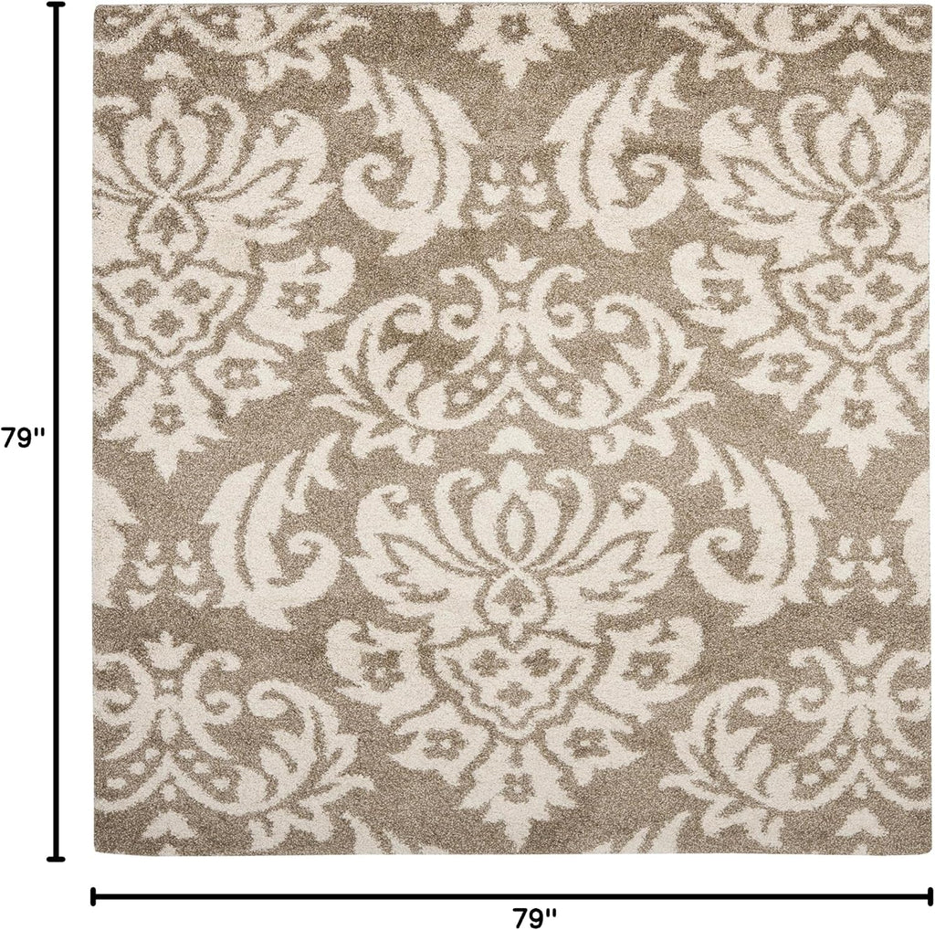 Florida Shag Collection Area Rug - 6'7" Square, Beige & Cream, Damask Design, Non-Shedding & Easy Care, 1.2-inch