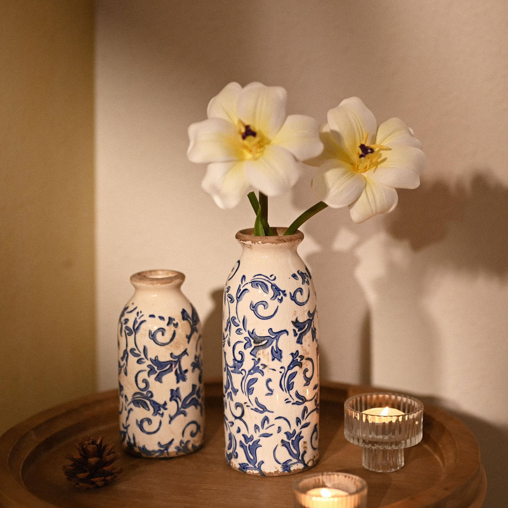 Blue and White Ceramic Vases Home Decor, Farmhouse Vase for Flowers, Flower Vase Set of 2, Rustic Decorative Vases