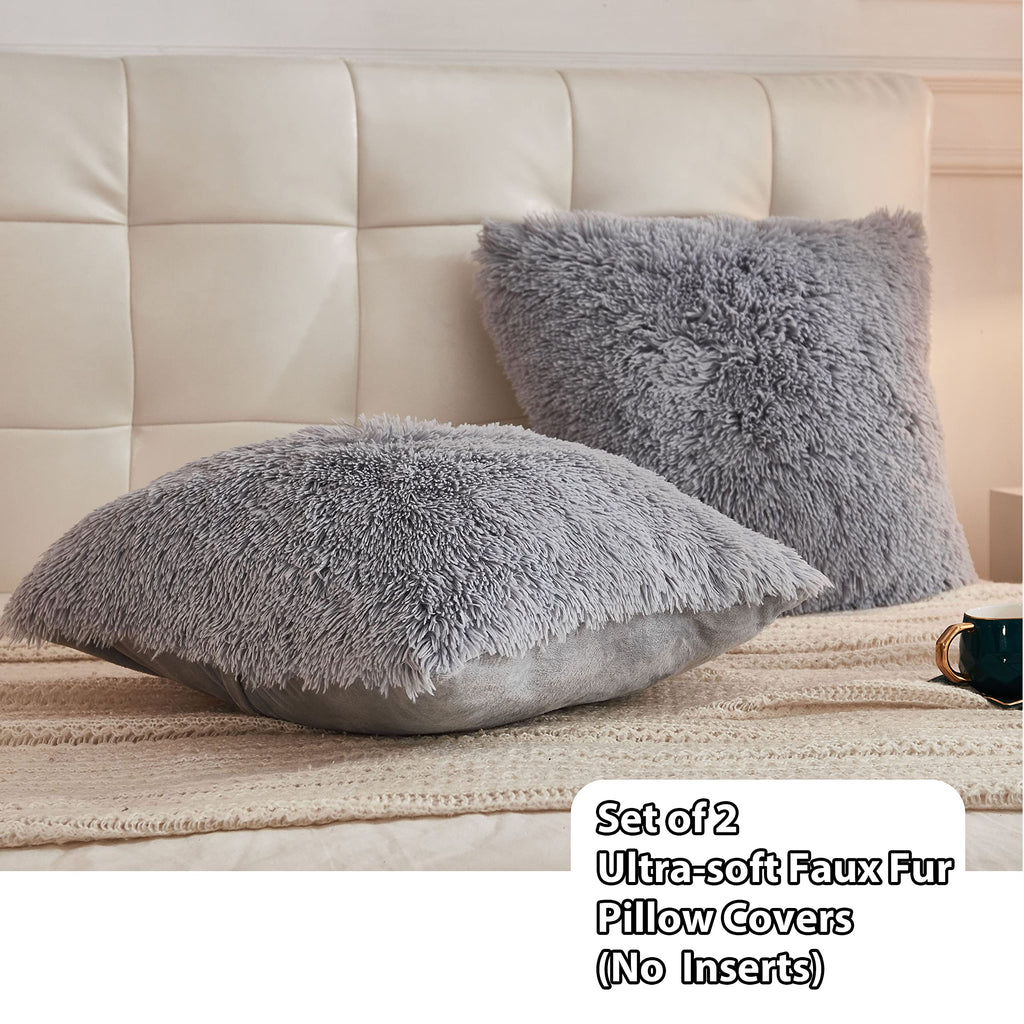 Fluffy Faux Fur Throw Pillow Covers Pack of 2, Gray