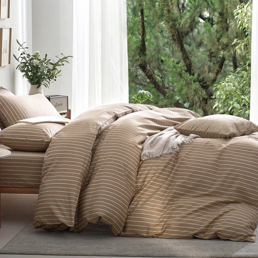 100% Cotton Brown Vertical Stripe Duvet Cover Set