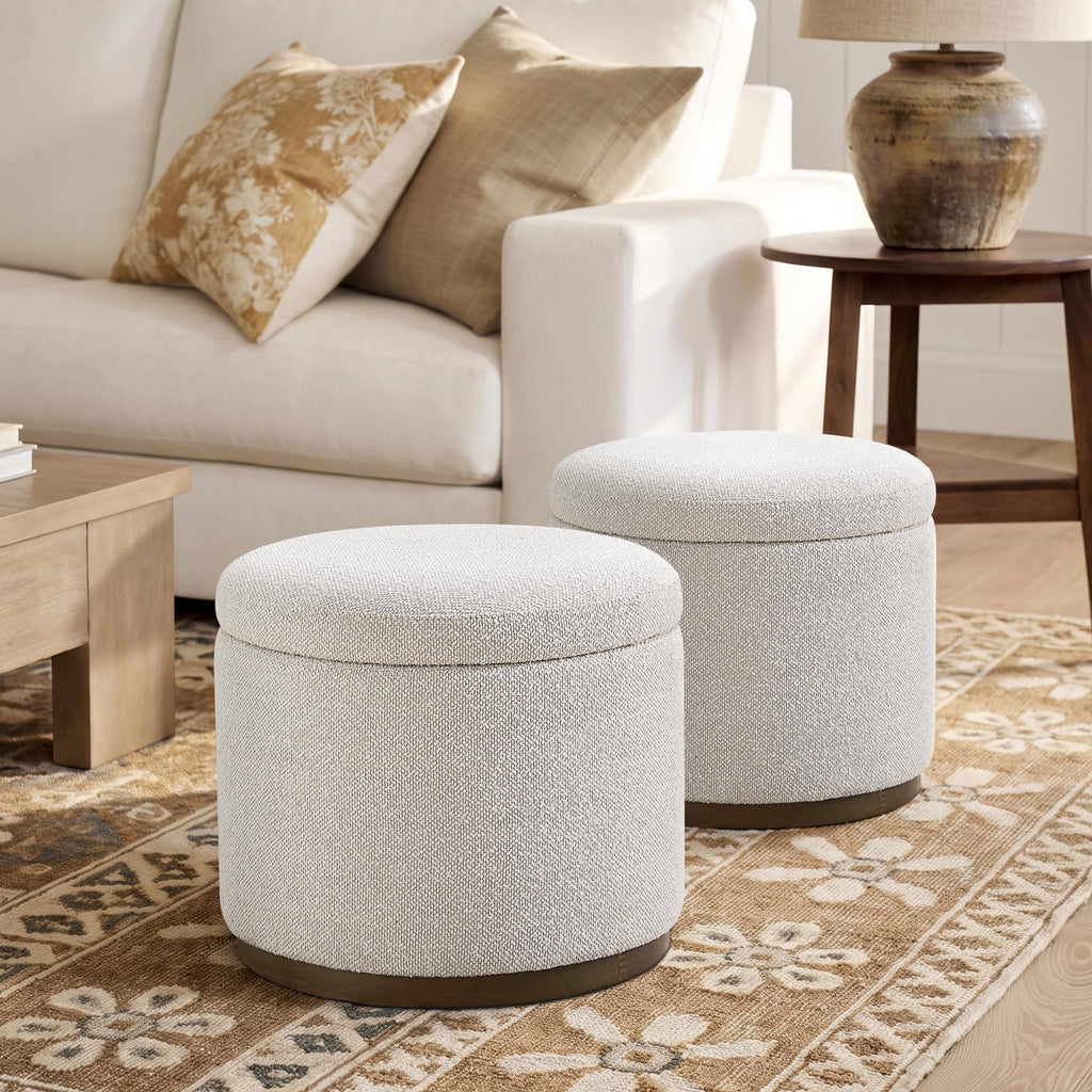 Round Storage Ottoman, 20" Boucle Ottoman Foot Rest Stool(Beige)