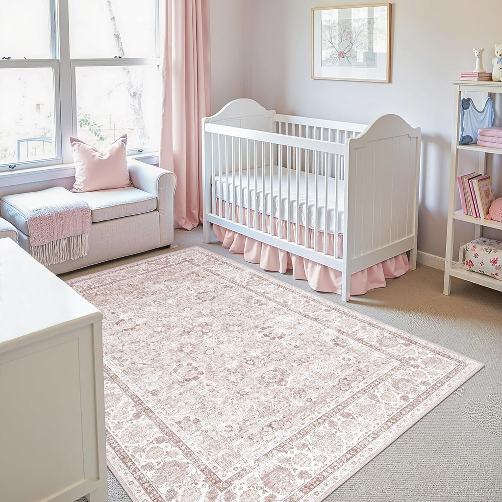 Light Pink 4x6 Rugs for Bedroom Nursery Rug Vintage Aesthetic Cute Boho Floral Washable Area Rug Ind