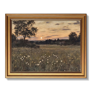Gold Framed Vintage Landscape Canvas Wall Art, Rustic Wildflower Meadow Poster Painting Print Picture, Countryside