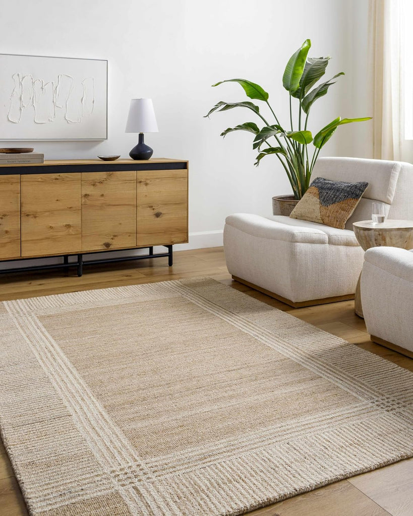 Vlora Wool Living Room, Bedroom Area Rug - Border Striped Plain - Traditional Transitional Modern Minimalist