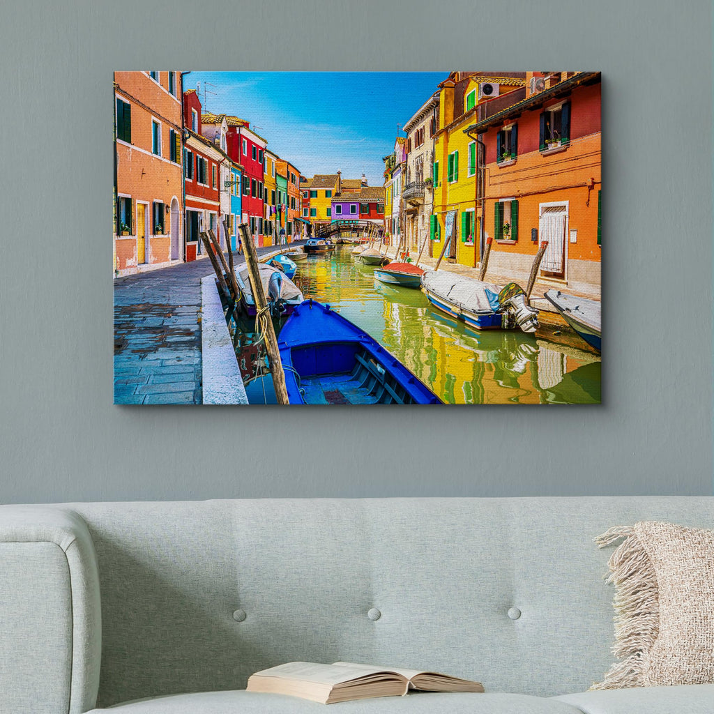 Canvas Print Wall Colorful Burano Canal Scene Vibrant Venice Architecture and Boats Photography Realism Bohemian
