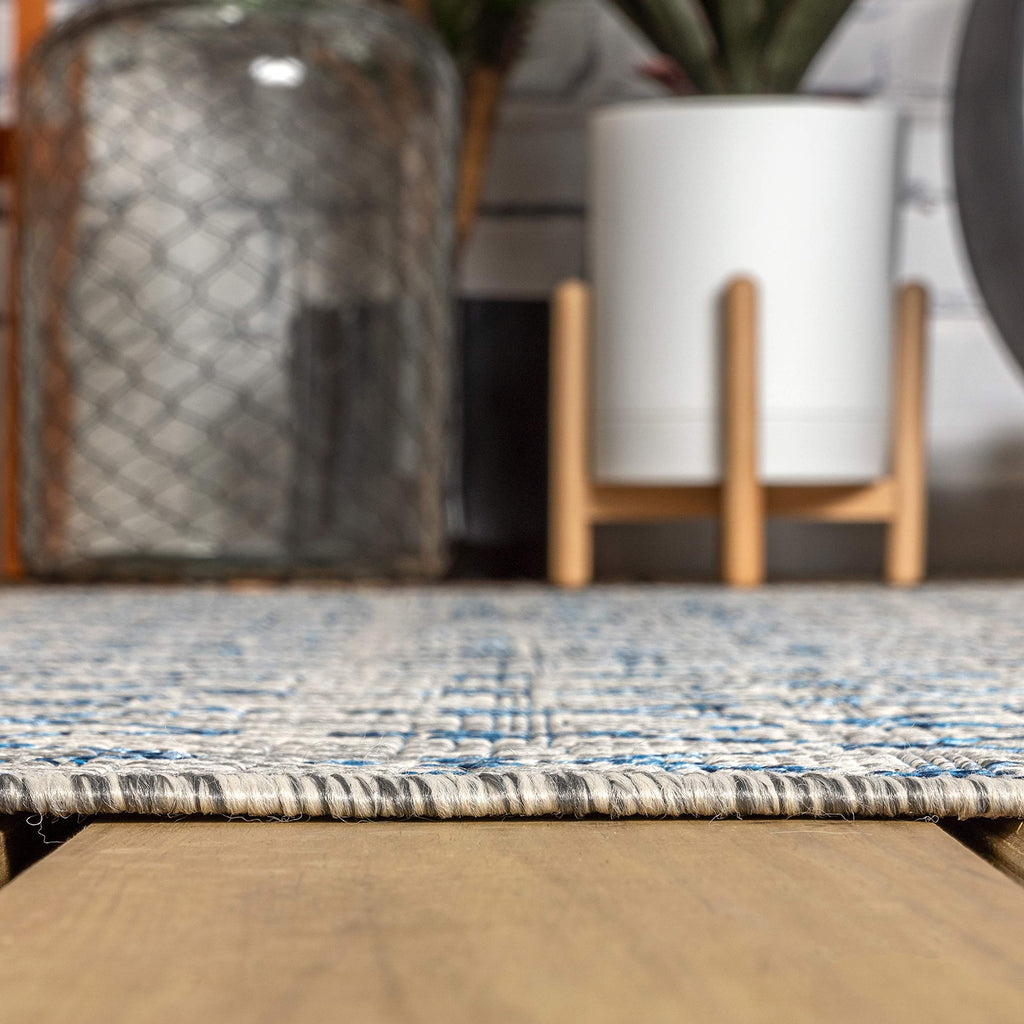 Moroccan Geometric Indoor Outdoor Runner Rug 2X10 Light Gray/Navy, Ourika Textured Weave for Backyard, Patio, Porch