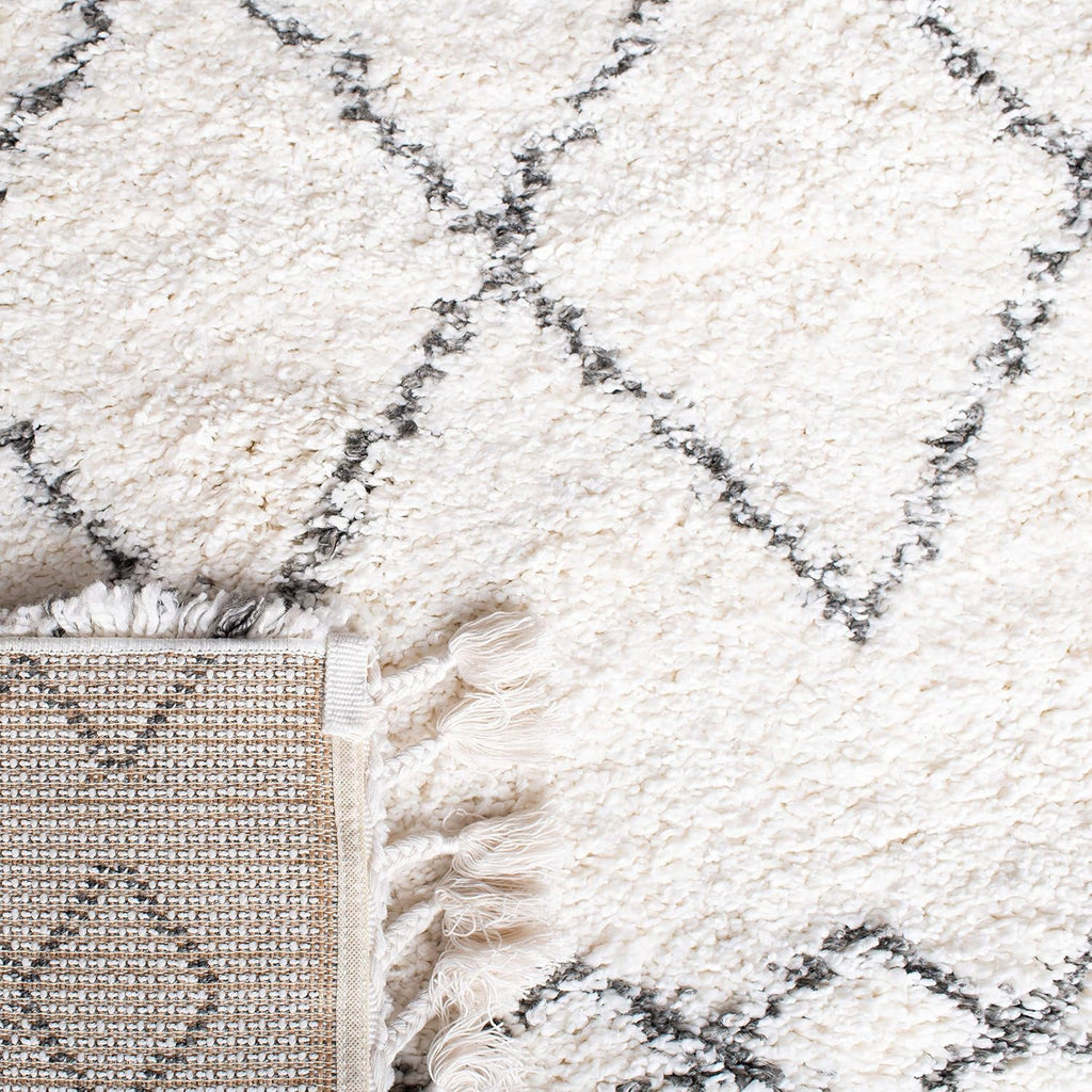 Area Rug - Moroccan Fringe Shag Collection - Large - Ivory & Grey, Boho Design, Non-Shedding & Easy Cleaning