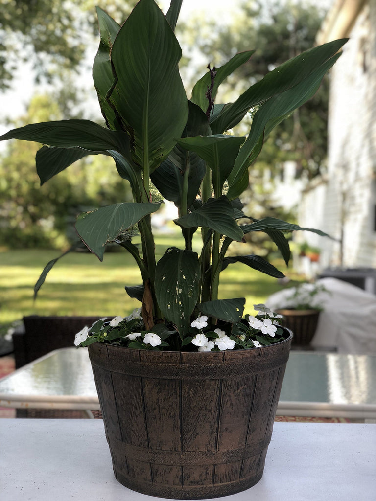 Plant Pots Set of 2 Pack 10 inch, Copper Whiskey Barrel Planters with Drainage Holes. Plastic Decoration Flower Pots
