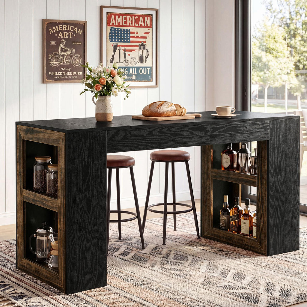 63" Bar Table, Counter Height Pub Table with Storage Shelves