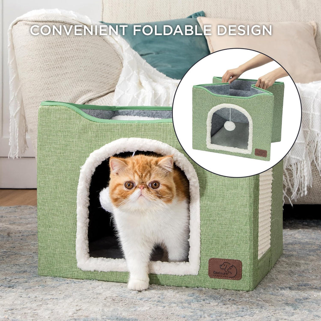 Cat House Bed for Indoor Cats with Fluffy Ball and Scratch Pad