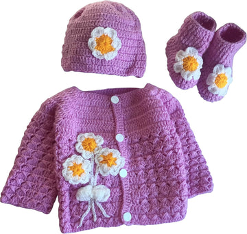Hand Made 3 Piece Knitted Magnolia Flower Purple Baby Crochet Set- Newborn Toddler Wool Sweater Set Includes- Booties