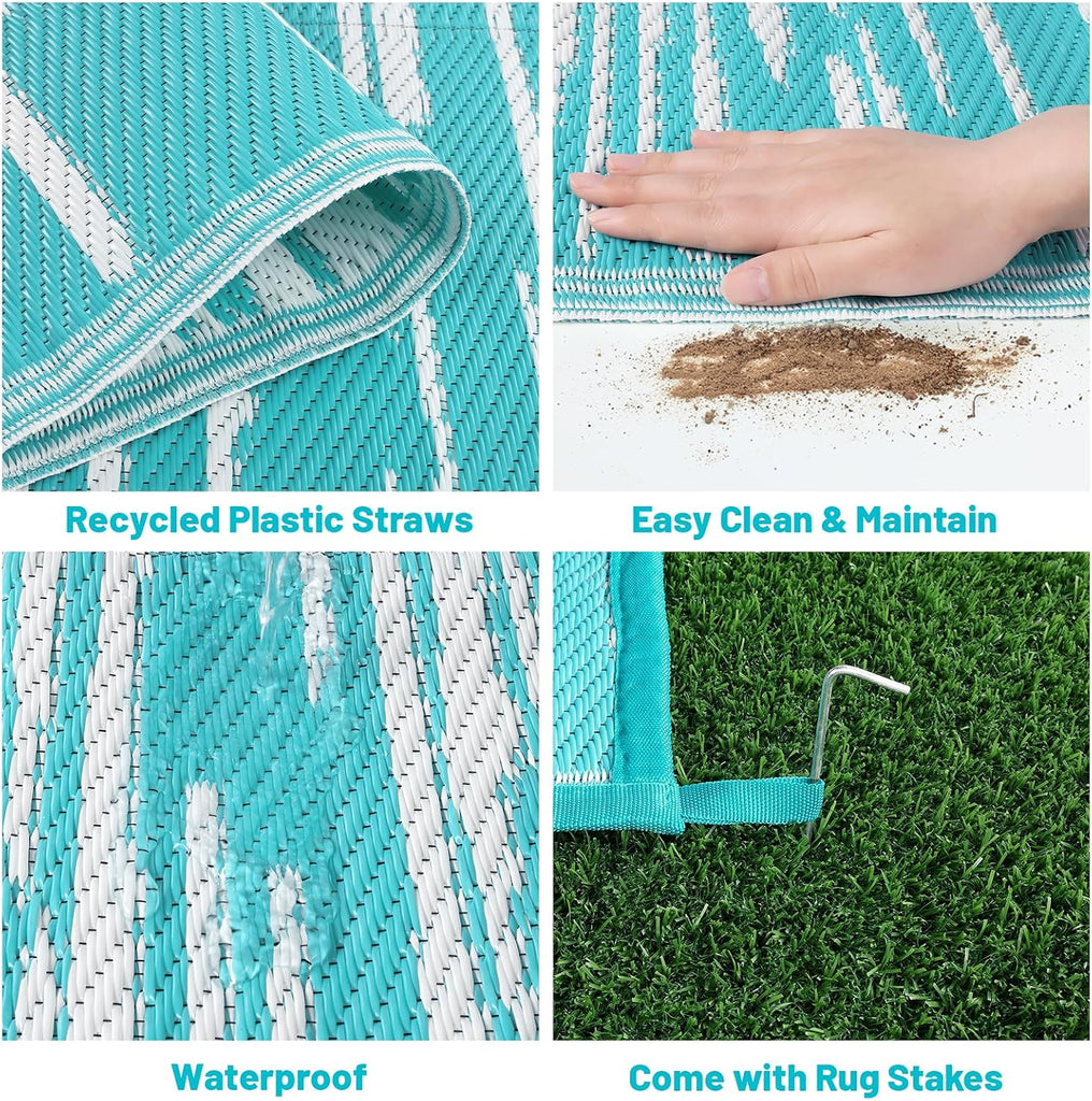 Outdoor Rug Waterproof, Striped Reversible Plastic Patio Rug
