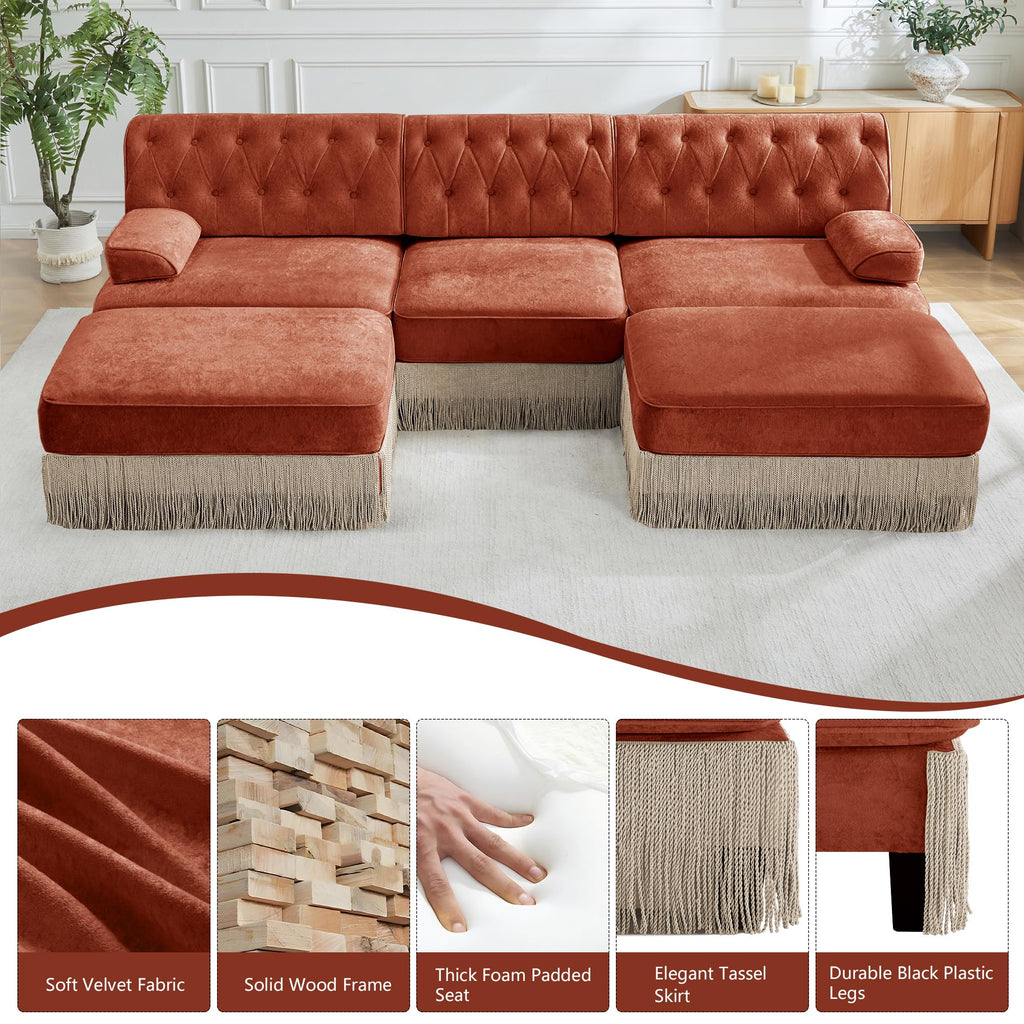 Luxury 106.1" U-Shaped Sofas with Tassel, Modular Sectional Velvet Terracotta 3 Seater Sofa Couch with