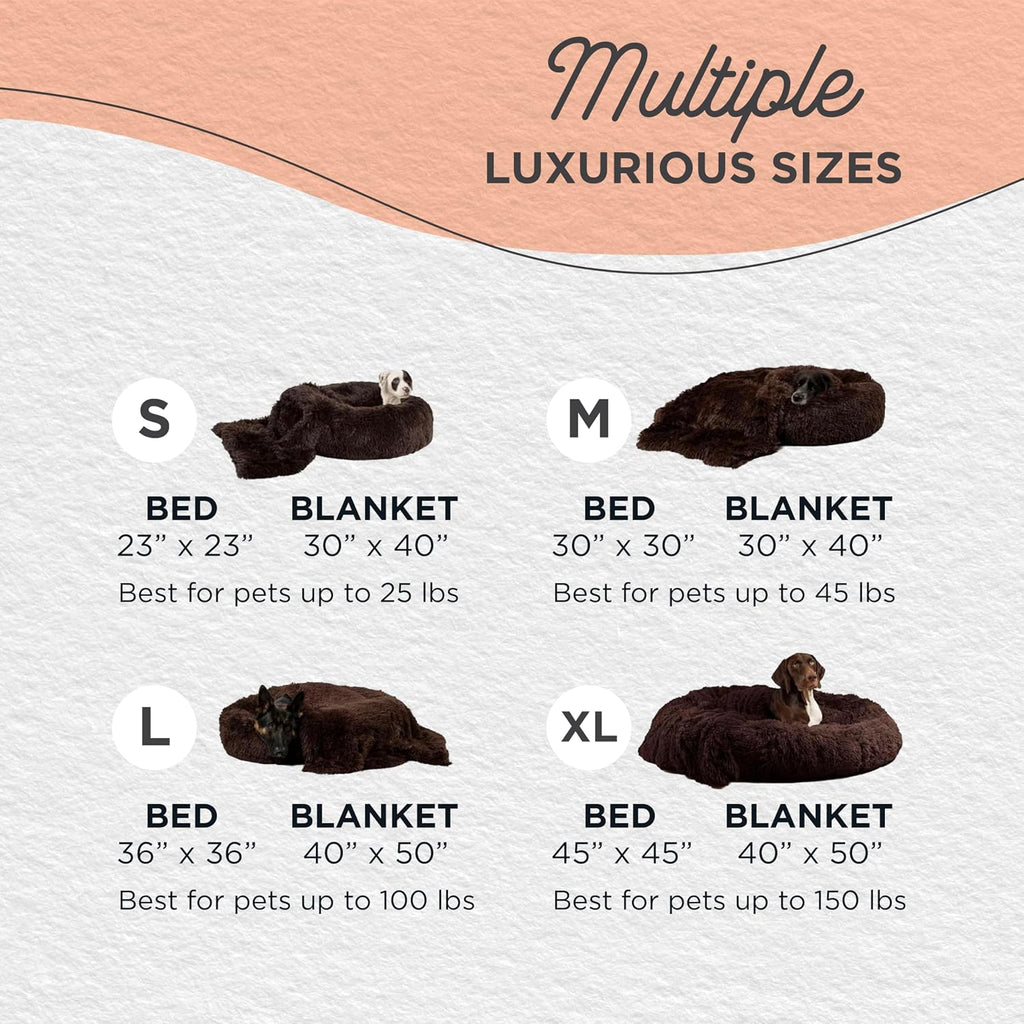 Bundle Set The Original Calming Shag Donut Cuddler Cat and Dog Bed + Pet Throw Blanket, Dark Chocolate, Large, 36x36