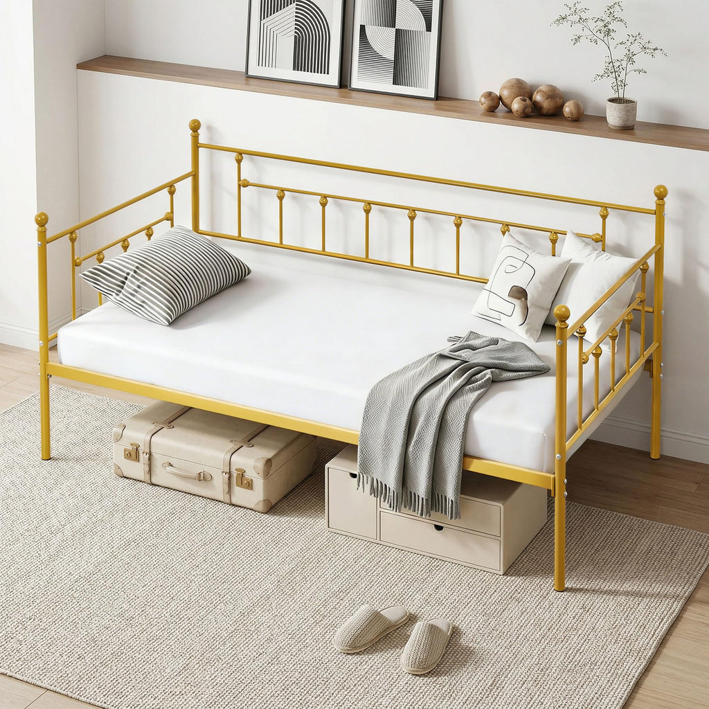 Twin Size Daybed Frame Metal Steel Slat Support with Headboard Sofa Bed Platform, Guest Room, Easy Assembly, Gold