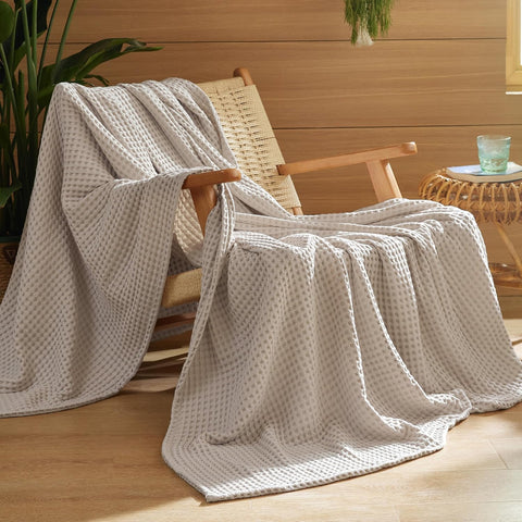 100% Cotton Throw Blanket for Summer, Ultra Soft Waffle Weave Linen Blanket, Thin Lightweight Breathable Bedding
