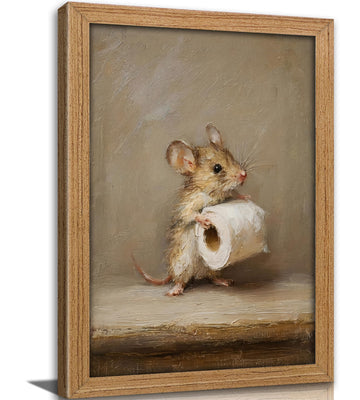 Framed Whimsical Textures Mouse Wall Art Funny Bathroom Wall Decor Cute Animal Painting Picture Neutral Beige Rustic