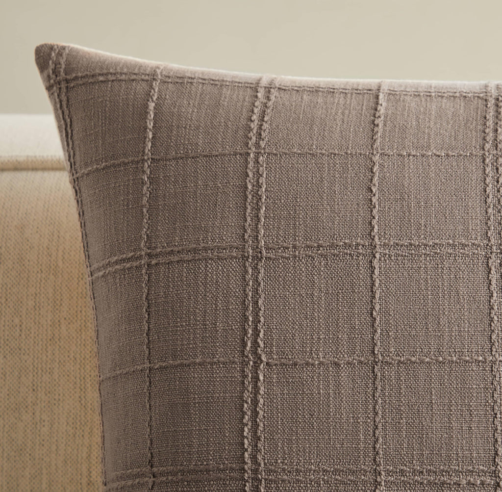 Linen Checked Throw Pillow Covers Set of 2, 24x24 Inch Cocoa Brown/Cream, Farmhouse Decorative Single Sided Grid