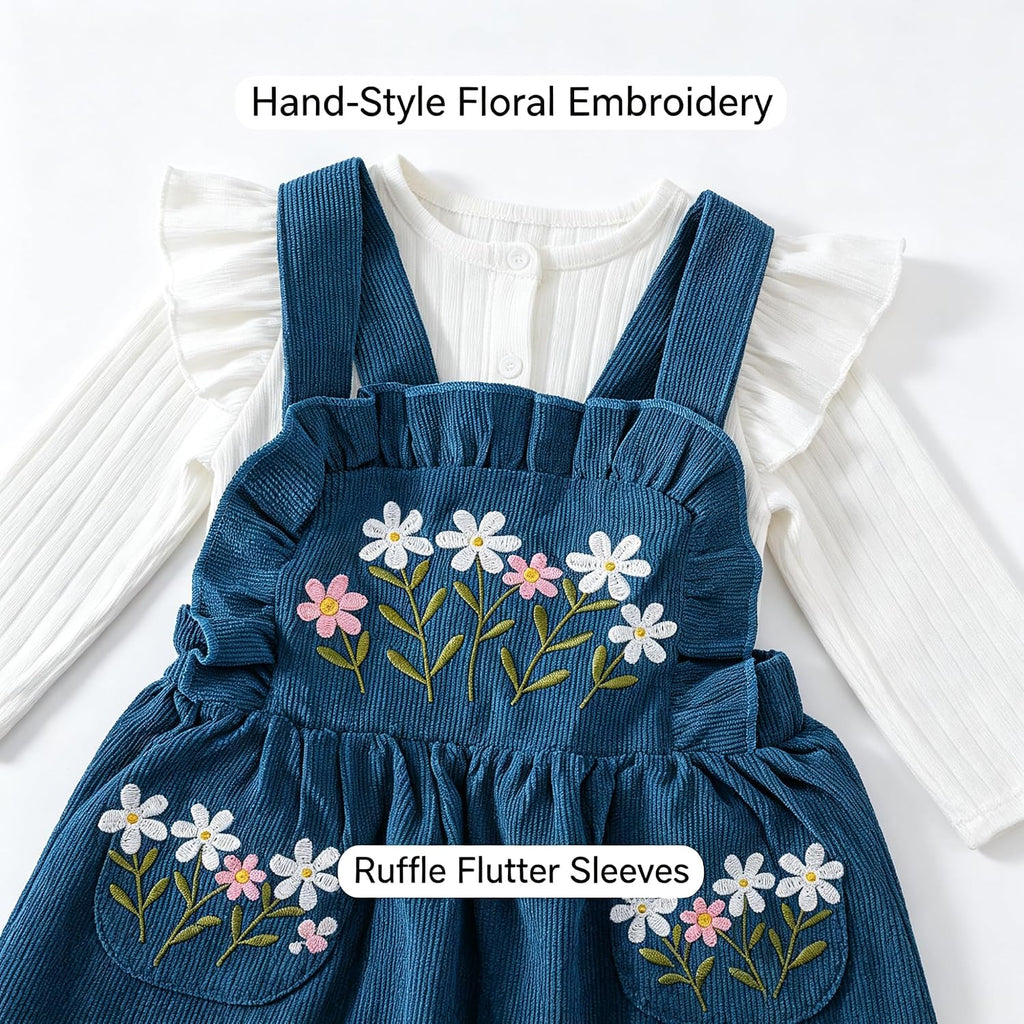 Baby Girl Dress Set Long Sleeve Ribbed Top Embroidered Suspender Dress