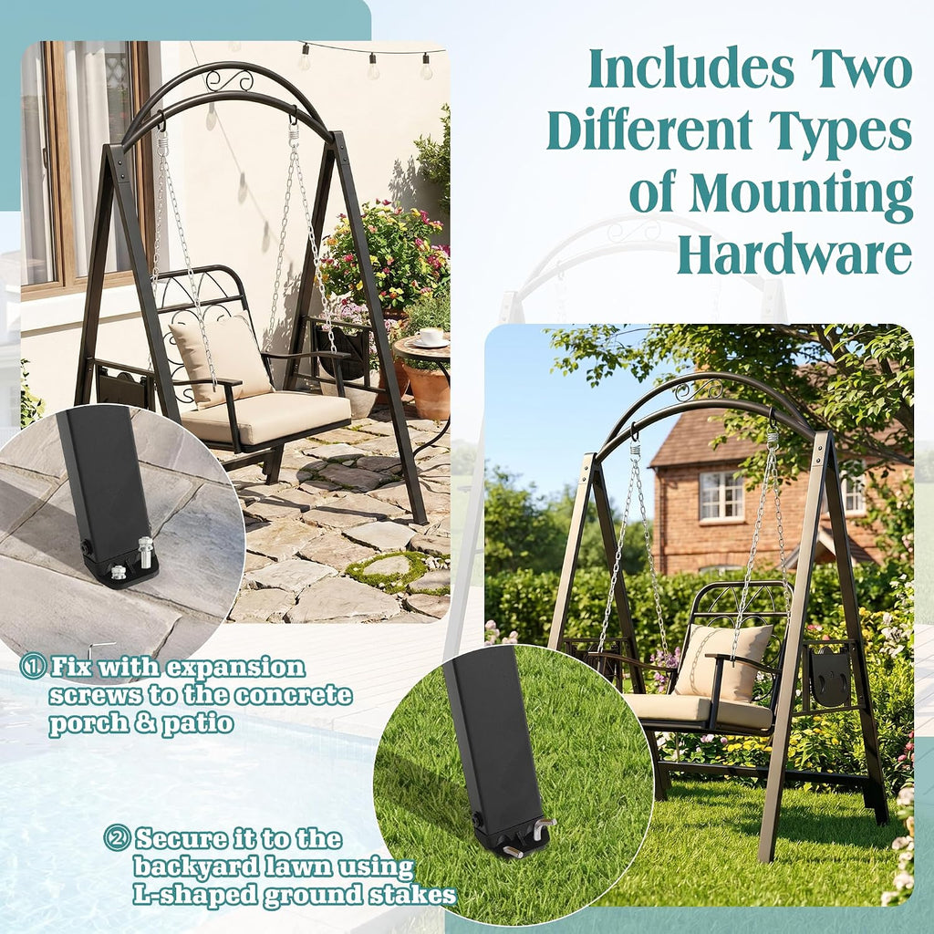 Metal Porch Swing with Stand, 350 LBS Outdoor Patio Porch Swing | Single Outdoor Patio Swing Chair with Heavy-Duty