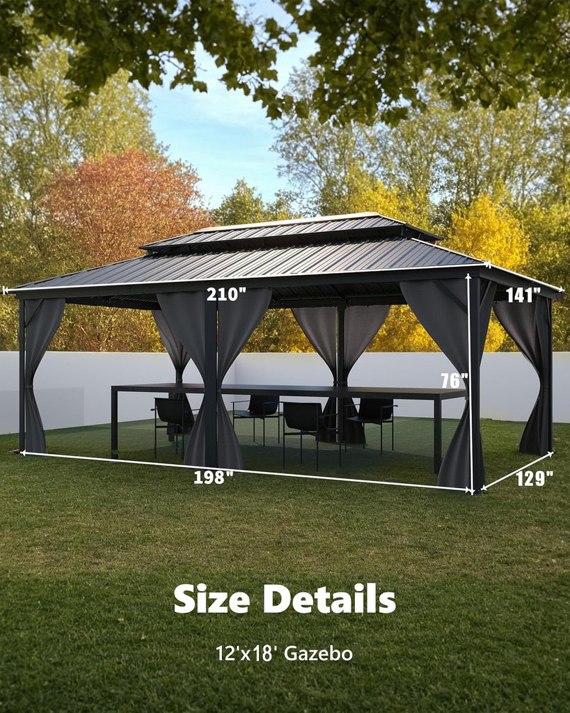Hardtop Gazebo 12x18 ft, with Double Metal Roof, Net, and Curtain, Pergola and Garden