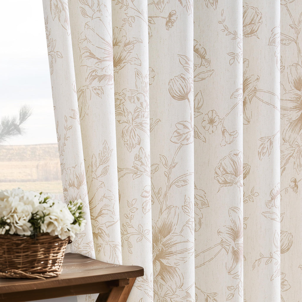 84 Inch Linen Curtains Beige Tan Floral Pattern Pinch Pleat Drapes Bedroom