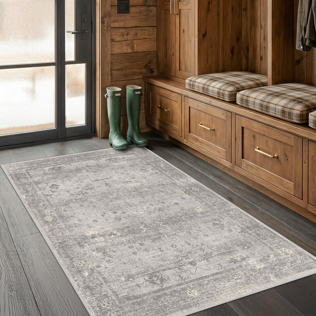 Washable Entryway Rug, Neutral Gray Vintage Distressed Geometric Rug, Mudroom & Laundry Room, Non Slip Low Pile