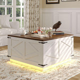 Farmhouse Lift Top Coffee Table, Square Wood Center Table with LED Lighting, USB-C Charging Station