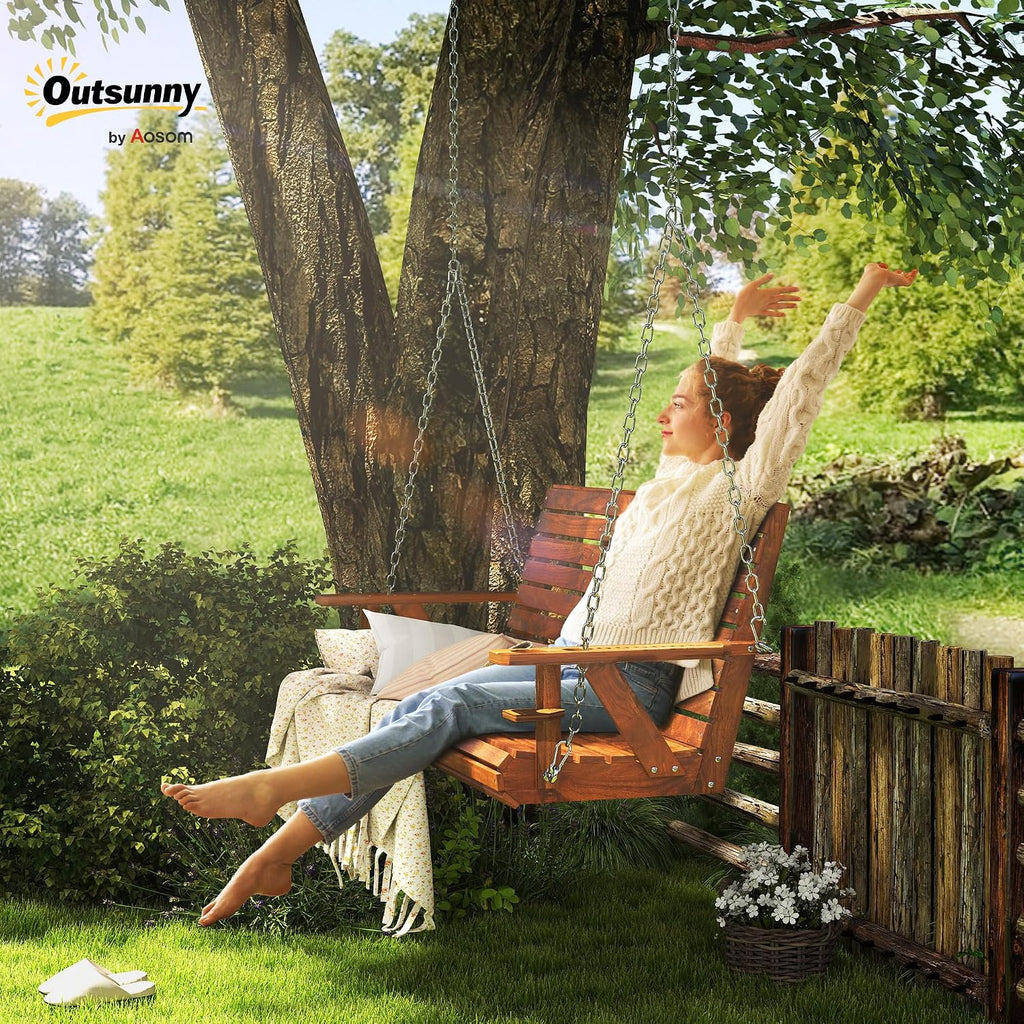 Upgraded Wooden Porch Swing 3-Seater, 5 FT Outdoor Patio Swing Bench with Cupholders, Hanging Chains, Swing Chair