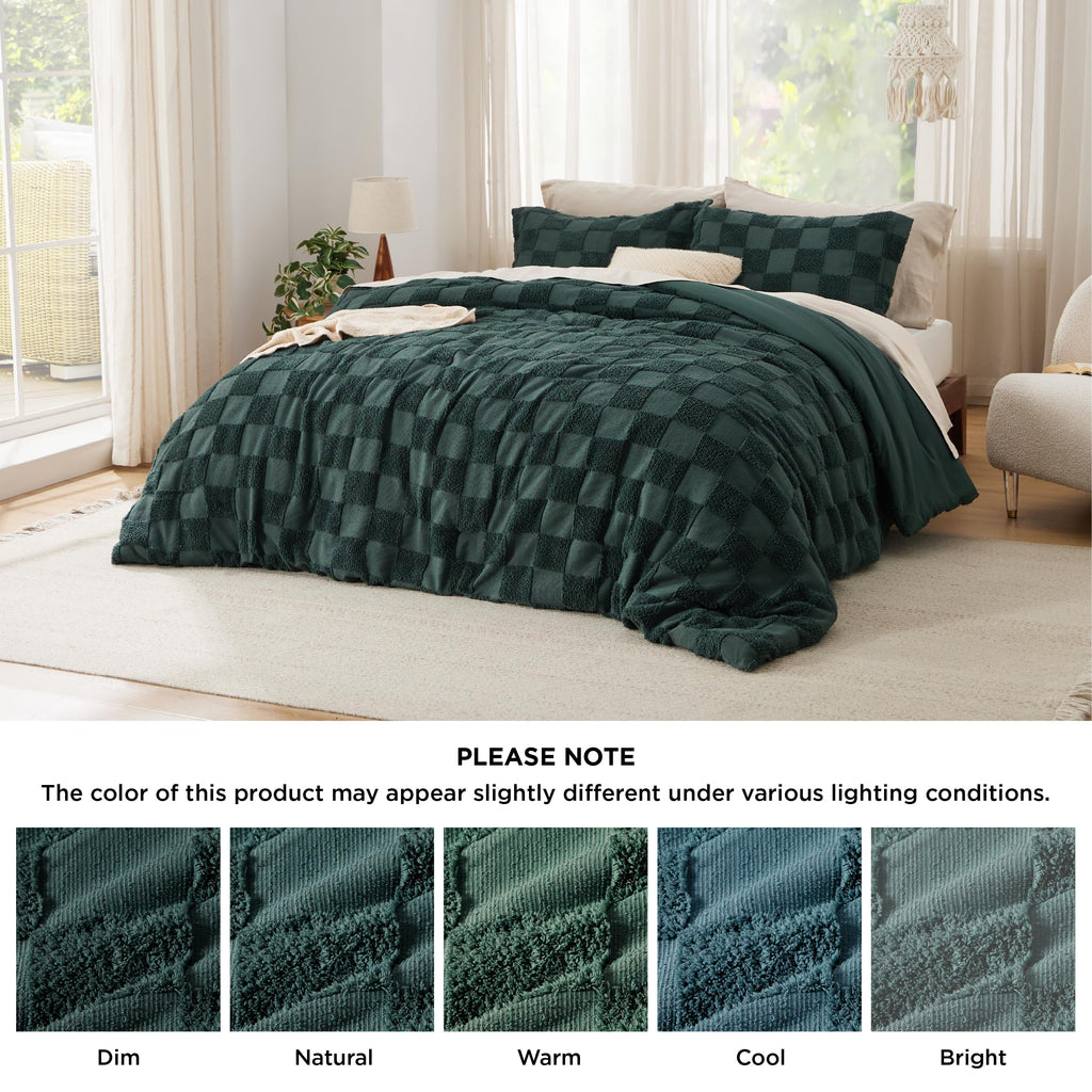 Queen Size Comforter Set Emerald, Boho Tufted Bed Set, Checkered Farmhouse-Style Distressed Vintage Bedding, 3
