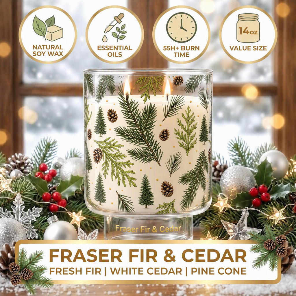 Fraser Fir & Cedar Pine Candle, 14 Oz Large 2-Wick Christmas Candles, Winter Forest & Christmas Fragrance, Long