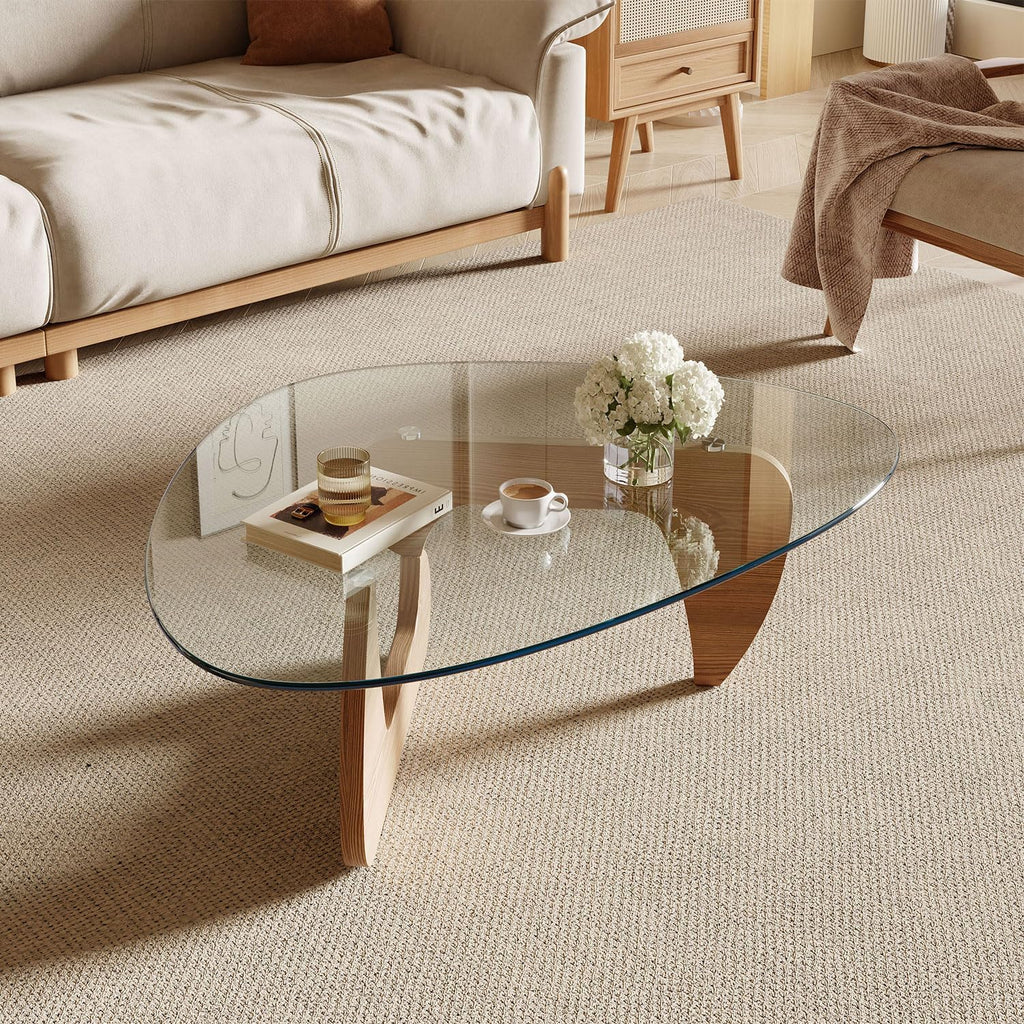 Modern Coffee Table and Small Spaces, 43.3" x 29.5" x 15.8" Triangle Tempered Glass Table Top and Eco-Friendly Solid