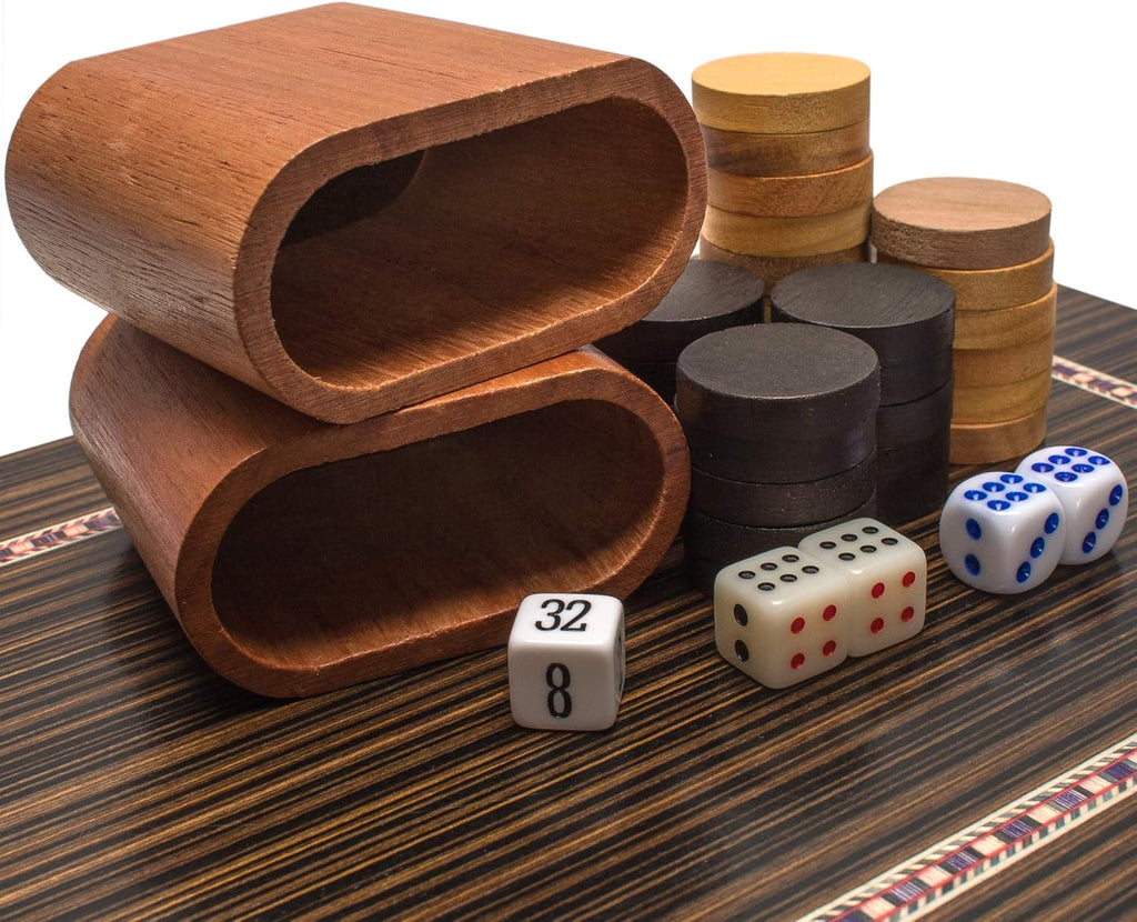 Wooden Inlaid Backgammon Set, Dorne - with Wooden Playing Pieces and Accessories, 13-inch Board