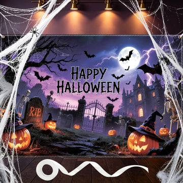 Happy Halloween Backdrop 10×6.5ft Halloween Banner with Stretchy Spider Web
